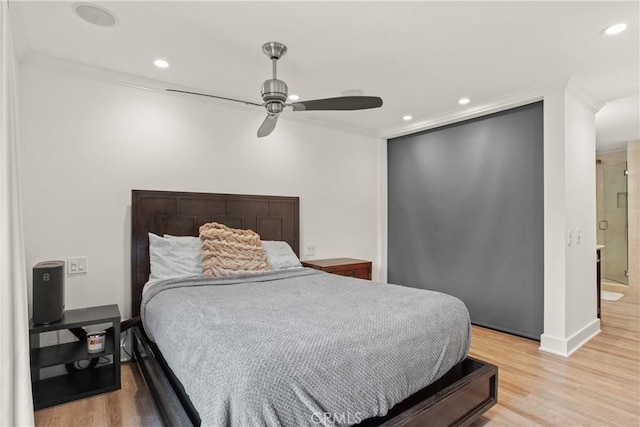 515 Traverse Dr, Costa Mesa, CA 92626 - bedroom with light wood finished floors, ornamental molding, recessed lighting, baseboards, and ceiling fan