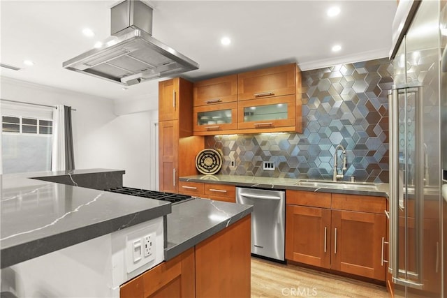 515 Traverse Dr, Costa Mesa, CA 92626 - kitchen featuring a sink, stainless steel appliances, island exhaust hood, brown cabinetry, and recessed lighting