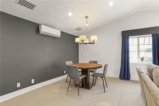 515 Traverse Dr, Costa Mesa, CA 92626 - dining space featuring an AC wall unit, a chandelier, vaulted ceiling, light carpet, and baseboards