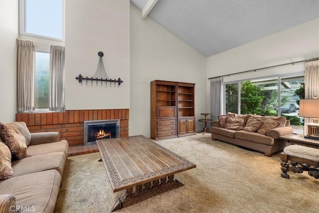 19923 Mildred Ave, Torrance, CA 90503 - living area with high vaulted ceiling, a brick fireplace, and carpet flooring
