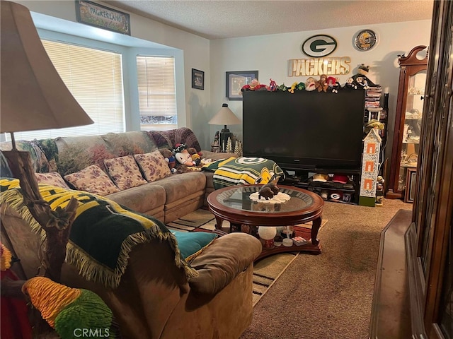 7477 Corona Ave, Hesperia, CA 92345 - carpeted living room featuring a textured ceiling