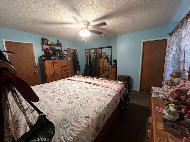 7477 Corona Ave, Hesperia, CA 92345 - bedroom with a closet, carpet floors, ceiling fan, and a textured ceiling