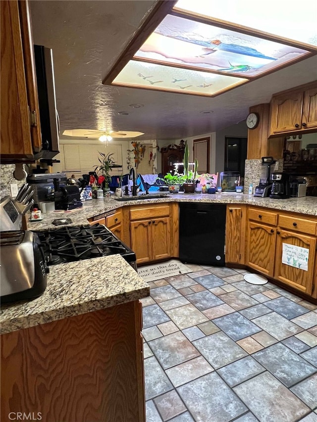 7477 Corona Ave, Hesperia, CA 92345 - kitchen with dishwasher, a sink, backsplash, light countertops, and brown cabinets