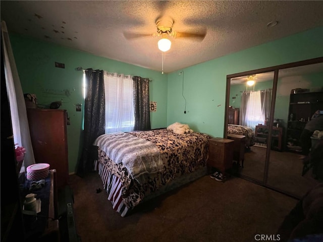 7477 Corona Ave, Hesperia, CA 92345 - bedroom featuring carpet flooring, a textured ceiling, and ceiling fan