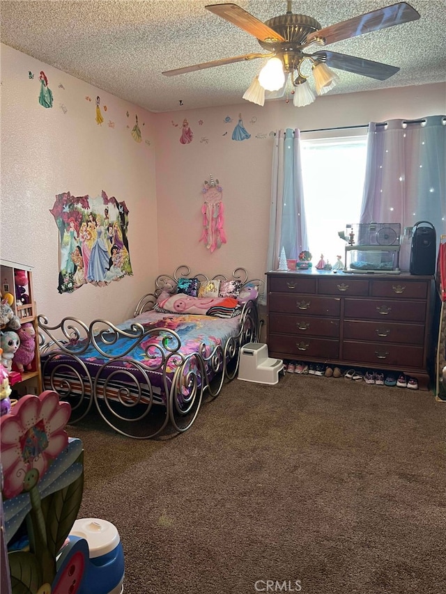 7477 Corona Ave, Hesperia, CA 92345 - carpeted bedroom featuring a textured ceiling and a ceiling fan