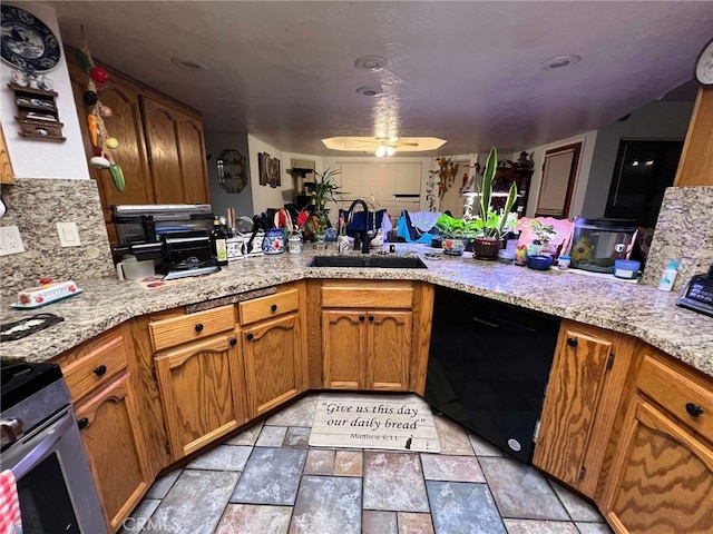 7477 Corona Ave, Hesperia, CA 92345 - kitchen with a sink, black dishwasher, light stone finish floors, stainless steel range with gas stovetop, and ceiling fan