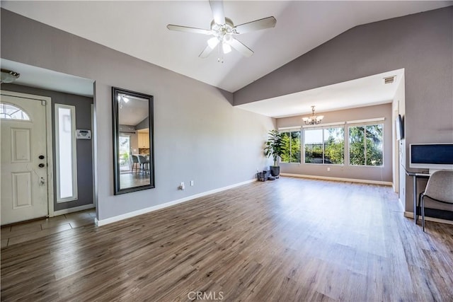 30681 Southern Cross Rd, Temecula, CA 92592 - unfurnished living room with a chandelier, lofted ceiling, wood finished floors, baseboards, and a ceiling fan