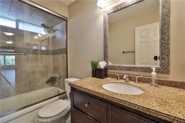 30681 Southern Cross Rd, Temecula, CA 92592 - full bath with toilet, a textured wall, vanity, and enclosed tub / shower combo