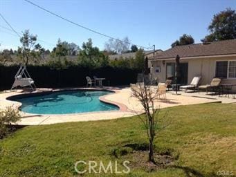 view of swimming pool with a patio and a lawn