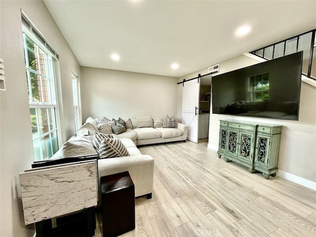 738 N Fairhaven St, Anaheim, CA 92801 - living area featuring a barn door, light wood-style flooring, recessed lighting, and baseboards