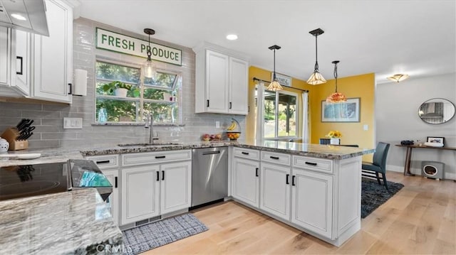 21 Sunflower Ln, Oroville, CA 95966 - kitchen with a sink, dishwasher, white cabinetry, a peninsula, and decorative backsplash