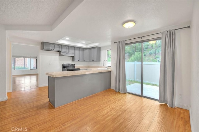 1207 Porto Grande Unit 1, Diamond Bar, CA 91765 - kitchen featuring gray cabinetry, electric range, a sink, a peninsula, and light wood-type flooring