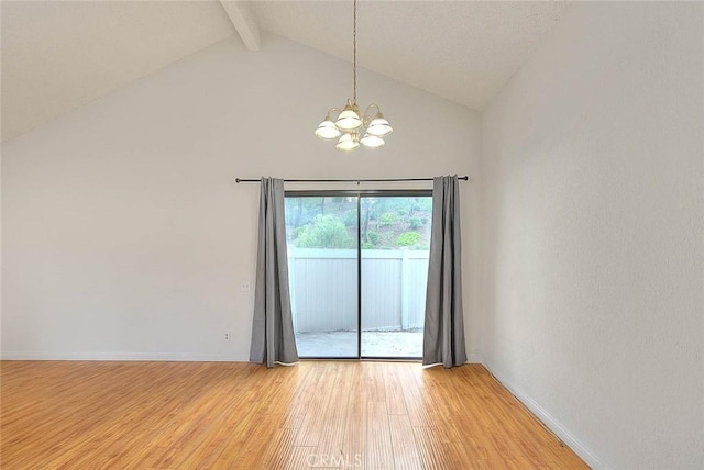 1207 Porto Grande Unit 1, Diamond Bar, CA 91765 - empty room featuring a chandelier, light wood finished floors, beamed ceiling, high vaulted ceiling, and baseboards