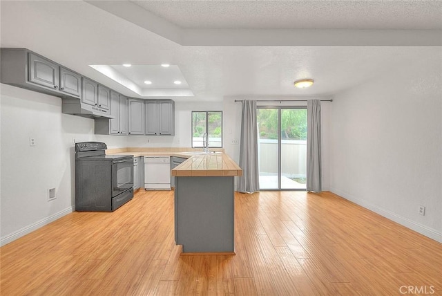 1207 Porto Grande Unit 1, Diamond Bar, CA 91765 - kitchen with black range with electric stovetop, a sink, gray cabinetry, a peninsula, and dishwasher