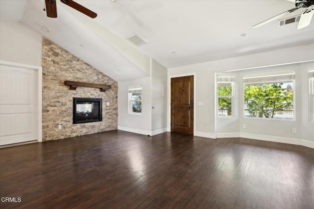 8730 Junipero Ave, Atascadero, CA 93422 - unfurnished living room featuring ceiling fan, wood finished floors, vaulted ceiling, a fireplace, and baseboards