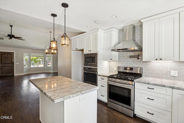 8730 Junipero Ave, Atascadero, CA 93422 - kitchen with stainless steel appliances, wall chimney range hood, tasteful backsplash, white cabinets, and a ceiling fan