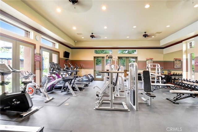 12474 Benton Dr Unit 2, Rancho Cucamonga, CA 91739 - exercise room featuring plenty of natural light, a ceiling fan, french doors, and recessed lighting