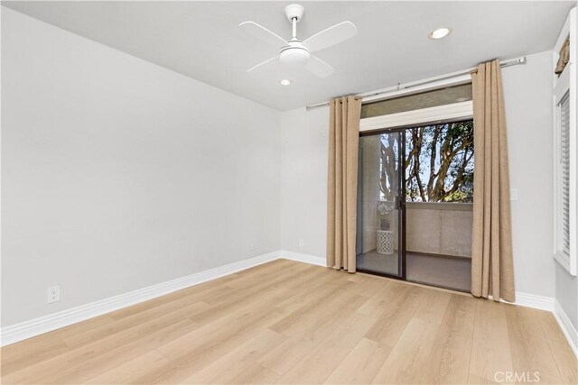 unfurnished room with light wood-style floors, baseboards, recessed lighting, and a ceiling fan