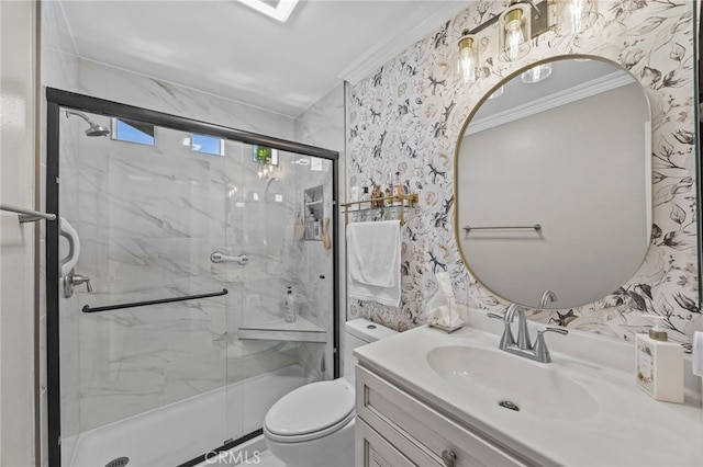 full bath with wallpapered walls, ornamental molding, a marble finish shower, toilet, and vanity