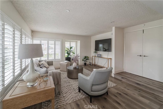 living area with wood finished floors and a textured ceiling