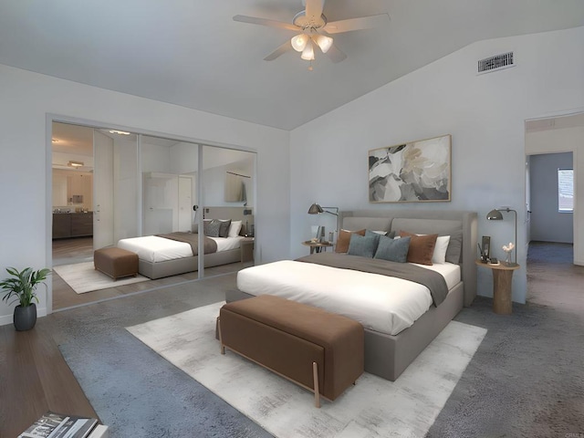 bedroom with lofted ceiling, a closet, ceiling fan, and connected bathroom