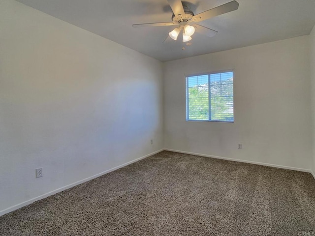 unfurnished room featuring carpet, baseboards, and ceiling fan