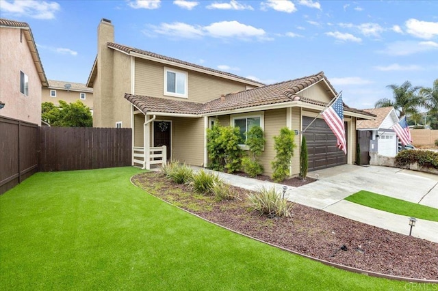 view of front of property with a tile roof, an attached garage, a chimney, and concrete driveway