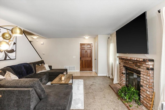 2137 N Mammoth Pl, Escondido, CA 92029 - living room featuring a brick fireplace, light carpet, and stairs