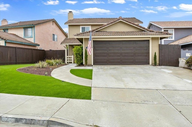 2137 N Mammoth Pl, Escondido, CA 92029 - view of front facade with a tiled roof, an attached garage, concrete driveway, and a chimney