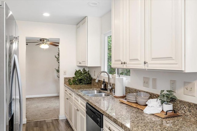 2137 N Mammoth Pl, Escondido, CA 92029 - kitchen featuring appliances with stainless steel finishes, a ceiling fan, wood finished floors, light stone counters, and white cabinetry