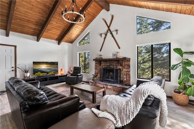 living area featuring a fireplace, a chandelier, wood finished floors, wooden ceiling, and high vaulted ceiling