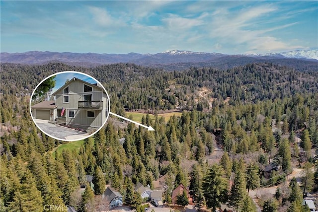 view of subject property featuring a heavily wooded area and a mountainous background