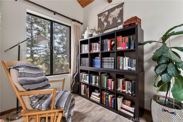 living area with lofted ceiling and wood finished floors