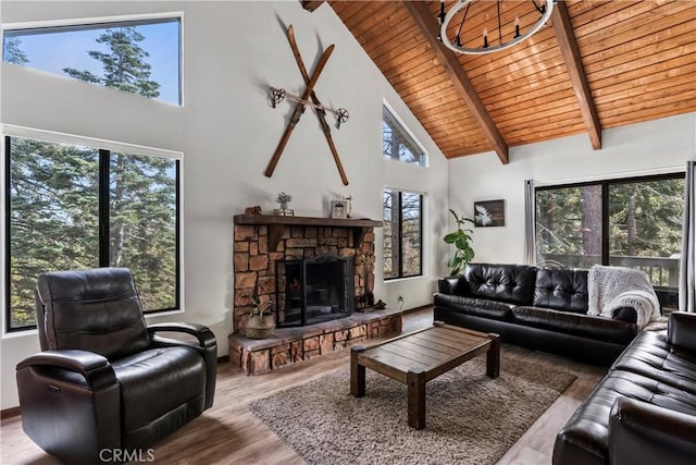 living room featuring high vaulted ceiling, wooden ceiling, wood finished floors, a stone fireplace, and beamed ceiling