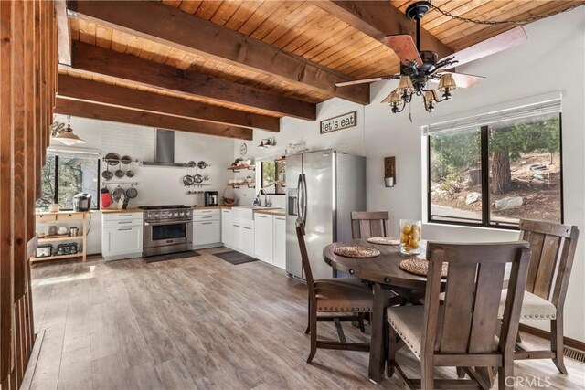 dining space with wood ceiling, beam ceiling, a ceiling fan, and light wood-style floors