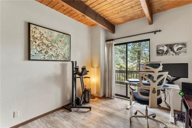 office area with light wood finished floors, wooden ceiling, beam ceiling, and baseboards