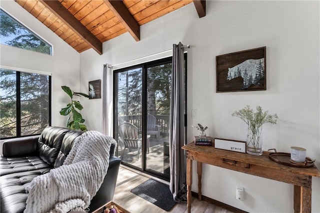 entryway featuring wooden ceiling and light wood finished floors