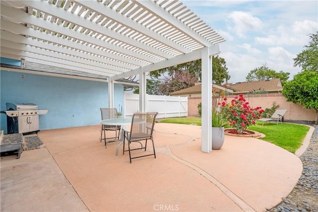 4864 Hersholt Ave, Long Beach, CA 90808 - view of patio with area for grilling, a fenced backyard, a pergola, and outdoor dining area