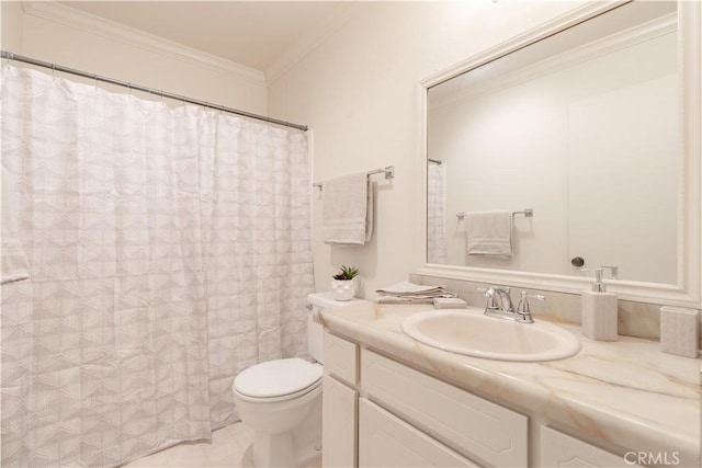 bathroom featuring toilet, vanity, ornamental molding, and curtained shower