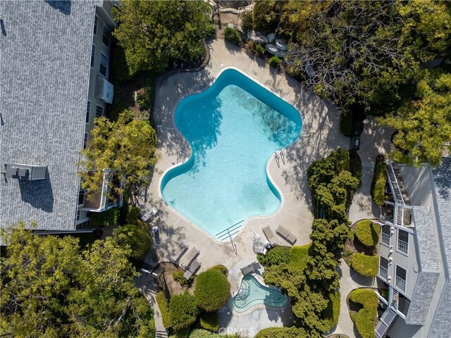 aerial view of a pool area