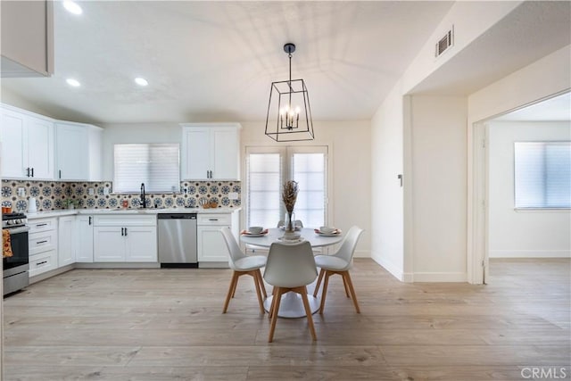 kitchen with appliances with stainless steel finishes, a sink, light countertops, white cabinetry, and decorative backsplash