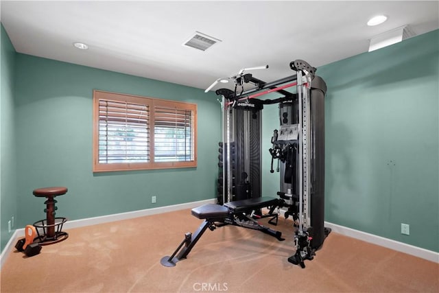 workout area with carpet, baseboards, and recessed lighting
