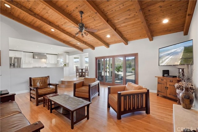 living area featuring wood ceiling, light wood-style floors, ceiling fan, beamed ceiling, and baseboards