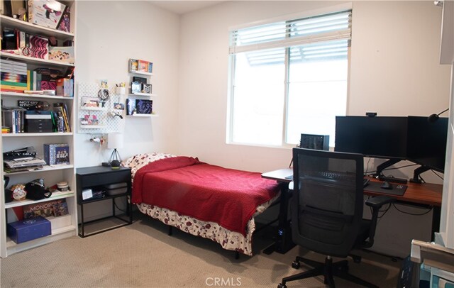 carpeted bedroom with multiple windows and a desk