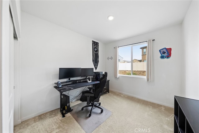 carpeted home office with baseboards and recessed lighting