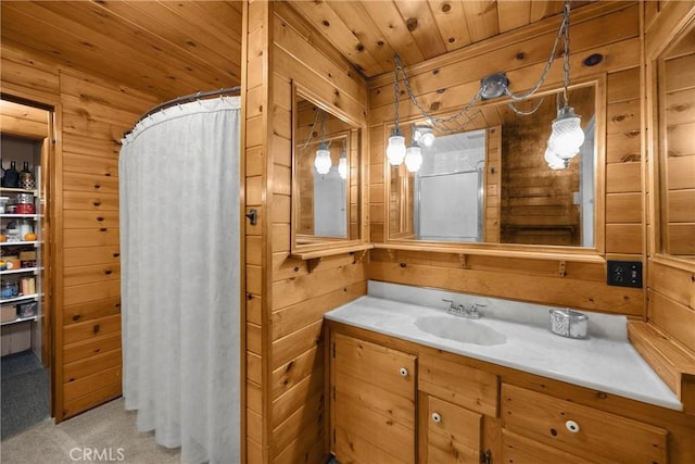 1005 E Woodland Ln, Glendora, CA 91741 - full bathroom with wood walls, wooden ceiling, vanity, and a shower with curtain