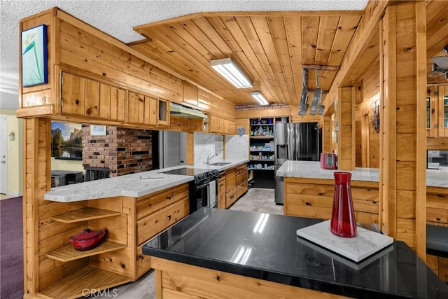 1005 E Woodland Ln, Glendora, CA 91741 - kitchen with open shelves, electric stove, a sink, a peninsula, and wood ceiling