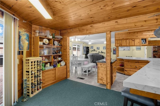 1005 E Woodland Ln, Glendora, CA 91741 - interior space with wood ceiling, a ceiling fan, and wood walls