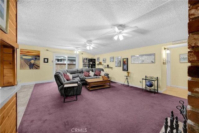 1005 E Woodland Ln, Glendora, CA 91741 - living area with ceiling fan, dark colored carpet, a textured ceiling, and baseboards