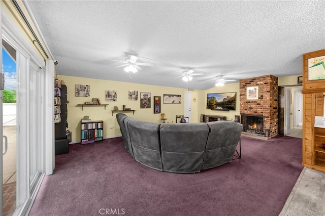1005 E Woodland Ln, Glendora, CA 91741 - living room with a textured ceiling, a brick fireplace, a ceiling fan, and carpet flooring